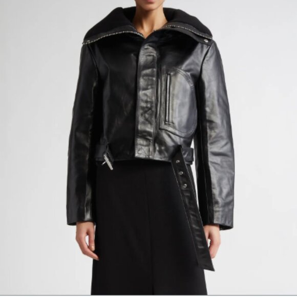 Victoria Beckham Crop Belted Leather Biker Jacket